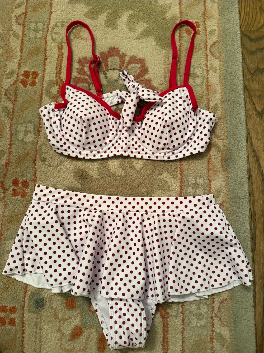 SHEIN White & Red Polka Dot Two-Piece Swim Bikini with Skirt